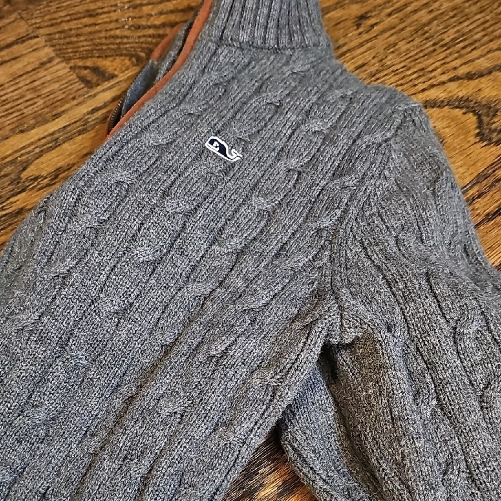 Vineyard Vines Charcoal Cable Knit Sweater with Brown Zipper - Picture 9 of 10